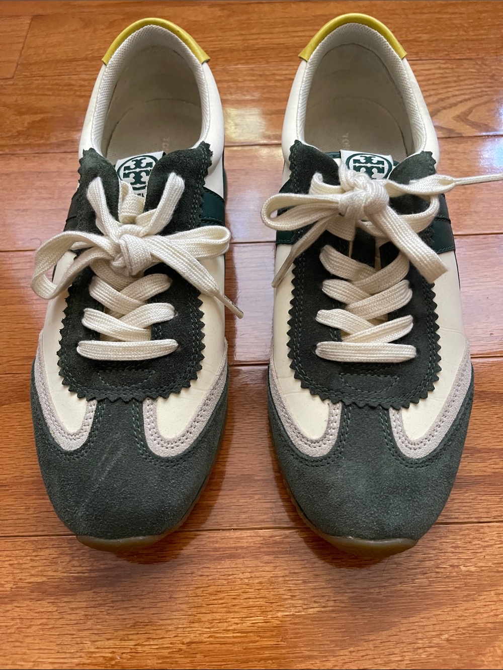 Tory Burch “Hank” Green and White Suede Lace-Up Sneakers with Yellow Heel Tab